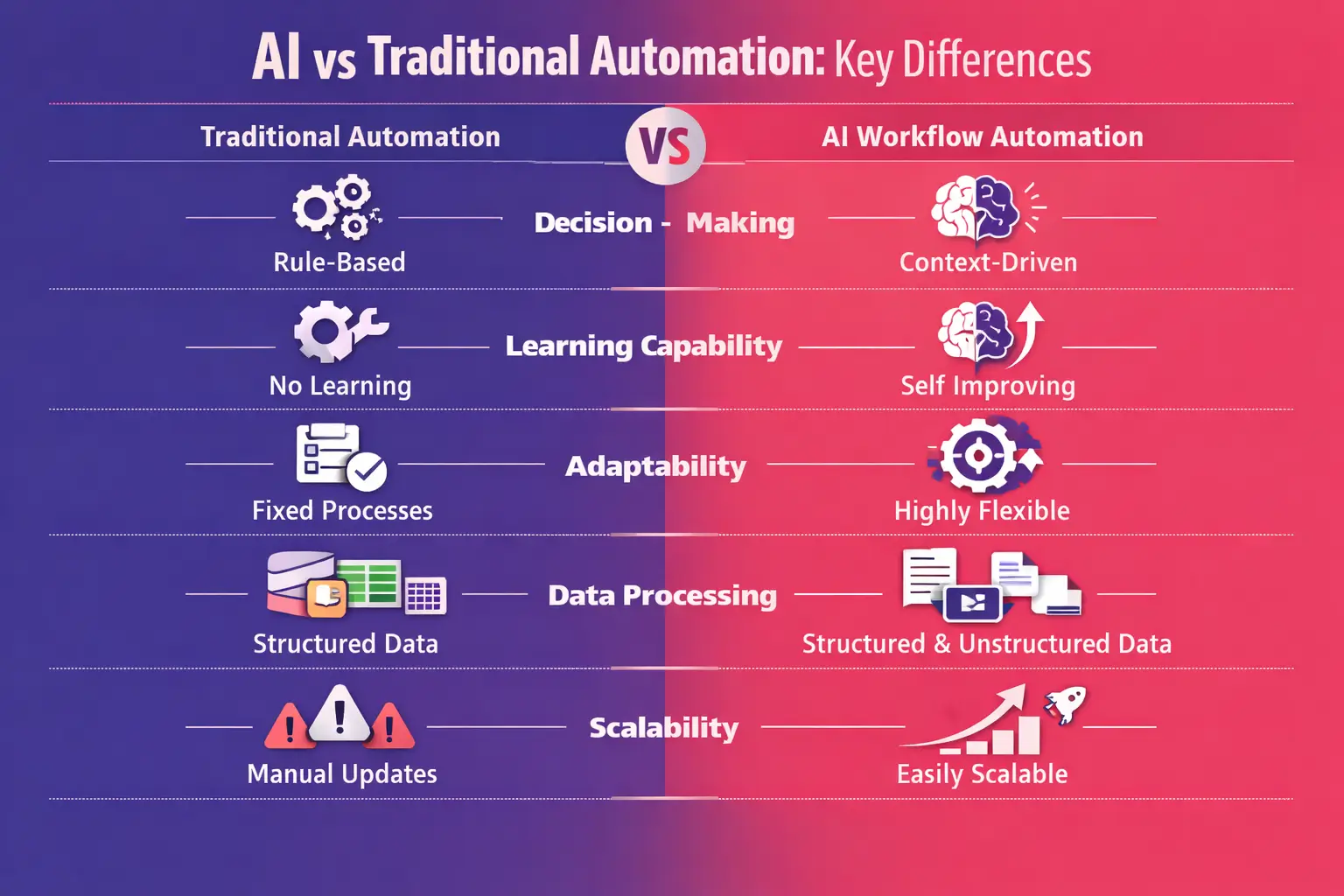 Comparison chart highlighting the differences between traditional and AI workflow automation.